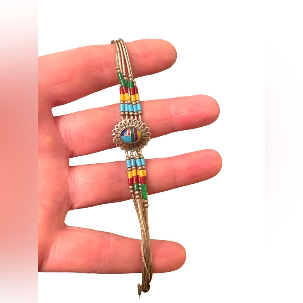 Vintage Native Southwestern ZUNI Seed bead Sterling silver stone Inlay bracelet - Picture 3 of 9